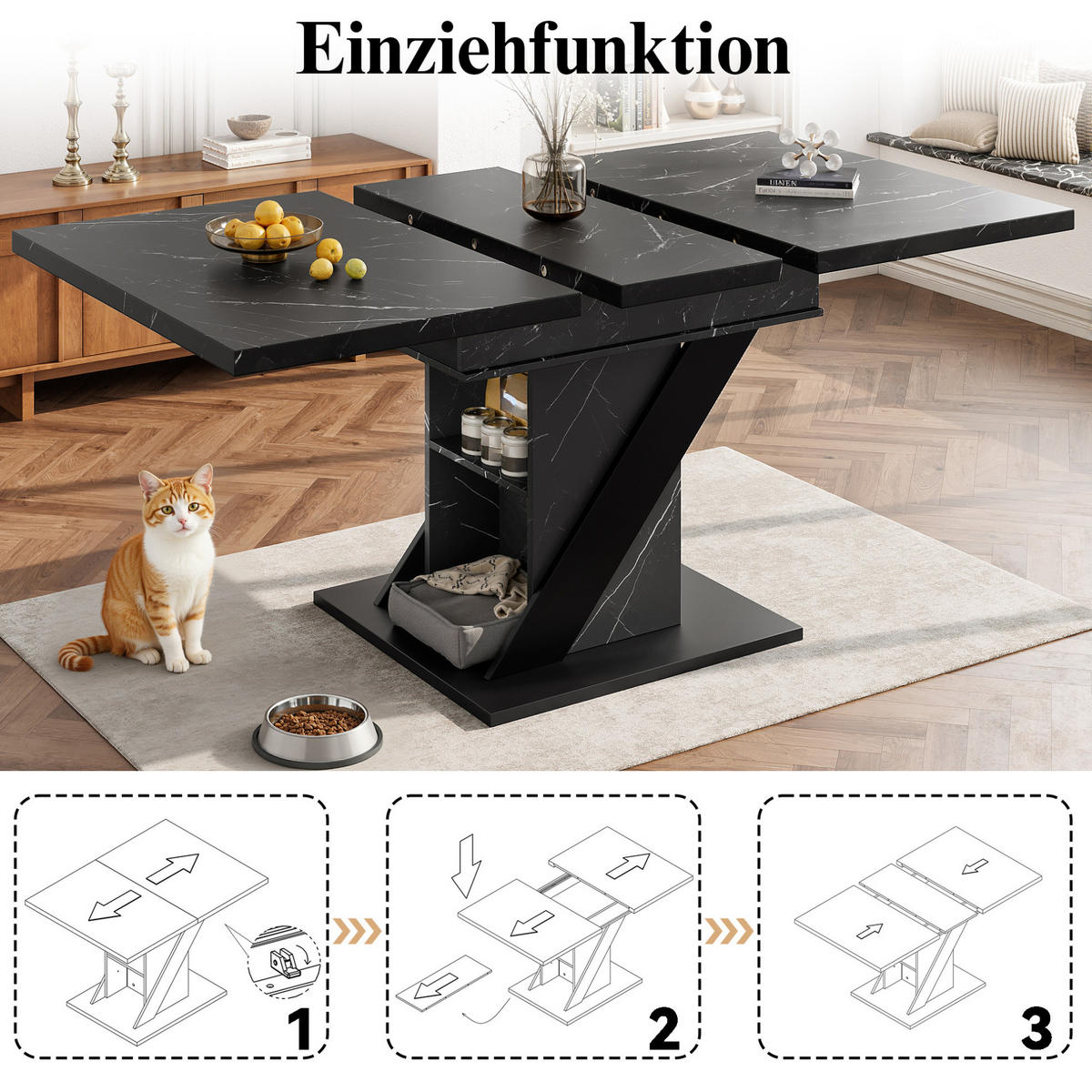 BLAGOVAONSKI stol 110-140/80/75 cm crni od MDF-a na razvlačenje u mramornom izgledu - crna, drvni materijal (110/80/75cm) - OKWISH