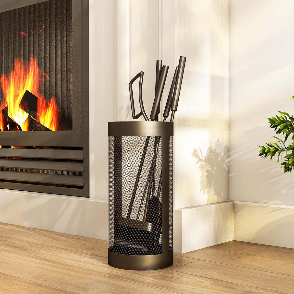 KAMINWERKZEUGSET 5tlg DE-13777 mit Netz-Eimer Schwarz - Schwarz, Metall (16/33.5/16cm) - ComfortXL