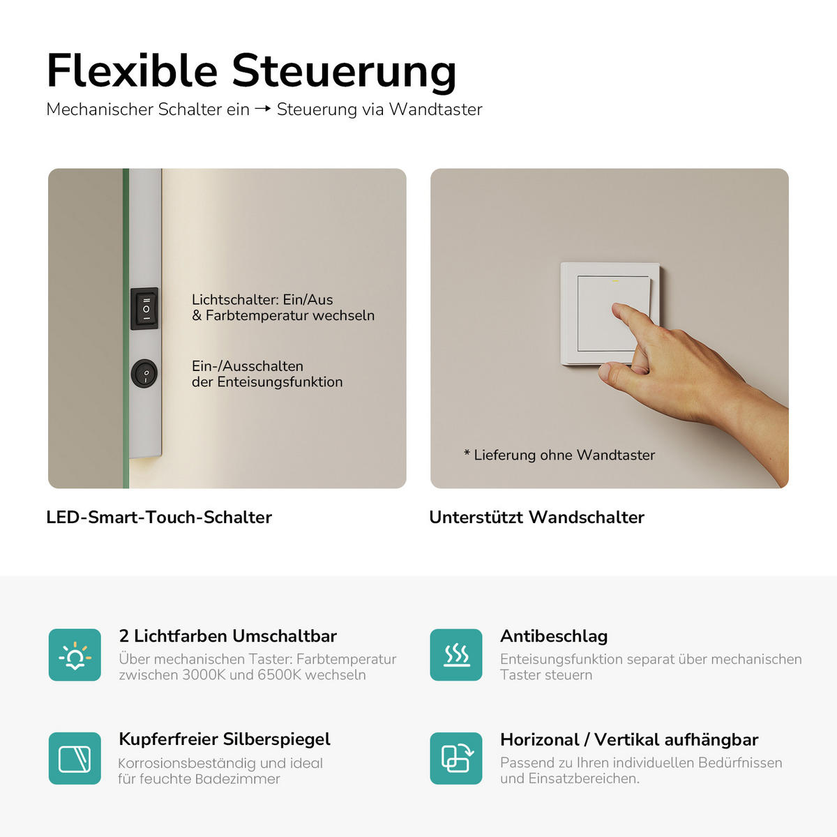 KOUPLELNOVÉ ZRCADLO LED, obdélník, studená bílá/teplá bílá, kolébkový vypínač, boční 60/40 cm - průhledná, sklo (60/40/3.6cm) - EMKE