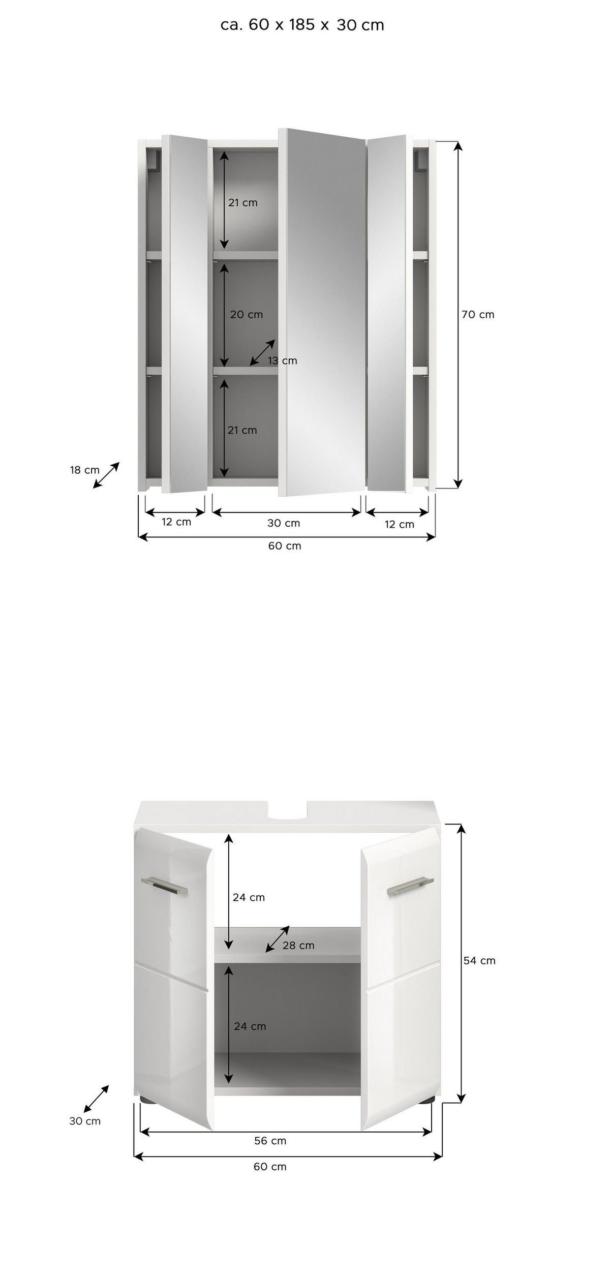 BADKOMBINATION Ice 60x185x30 cm weiß Hochglanz MDF 2tlg. - Weiß, Holz (60/185/30cm)
