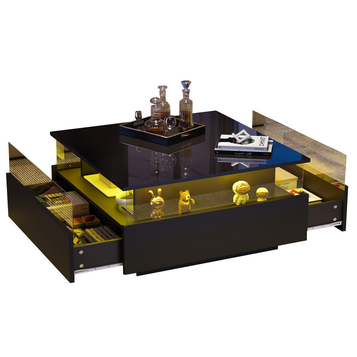 COUCHTISCH 70/70/41 cm schwarz mit 2 Schubladen und LED-Beleuchtung - Schwarz, Holzwerkstoff (70/70/41cm) - OKWISH