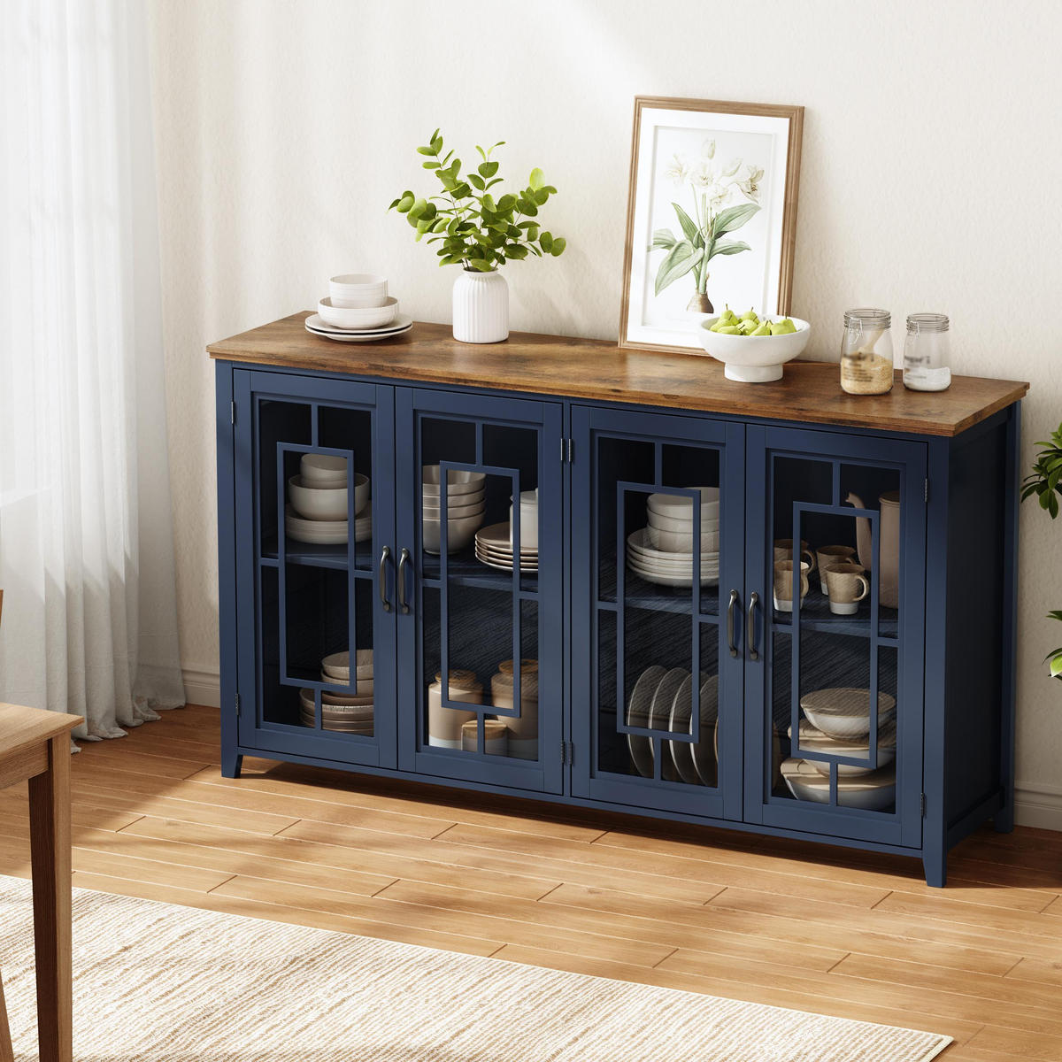 GESCHIRRSCHRANK 160 cm MDF Blau mit Glastüren und Holzoptik-Arbeitsplatte - Dunkelblau, Holzwerkstoff (40/86/160cm) - Korfee