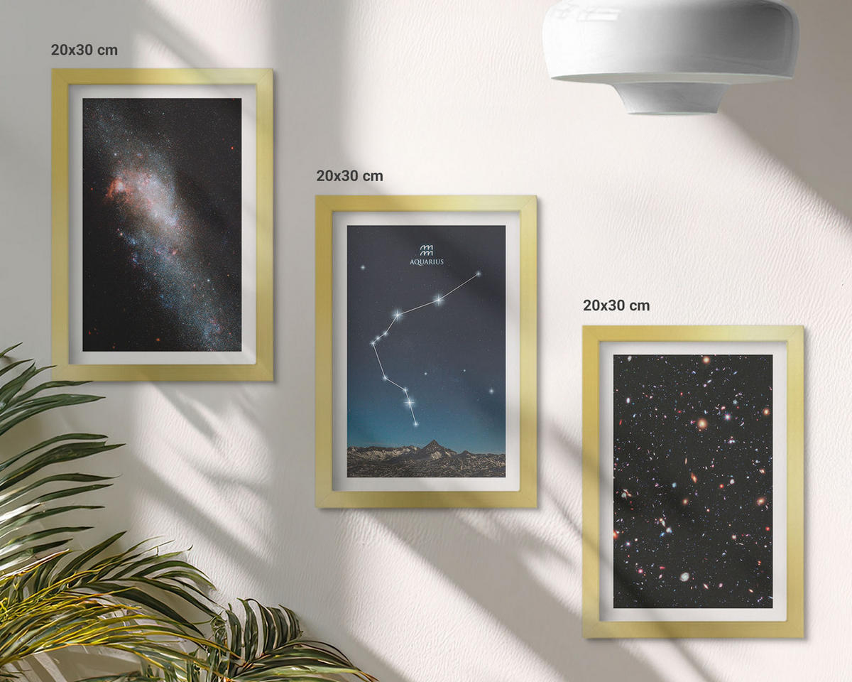 WANDBILDER 3er Set - 20x30 cm Goldrahmen - Galaxienraum Wassermann - Goldfarben, Kunststoff (20/30cm) - ArtPrintCave
