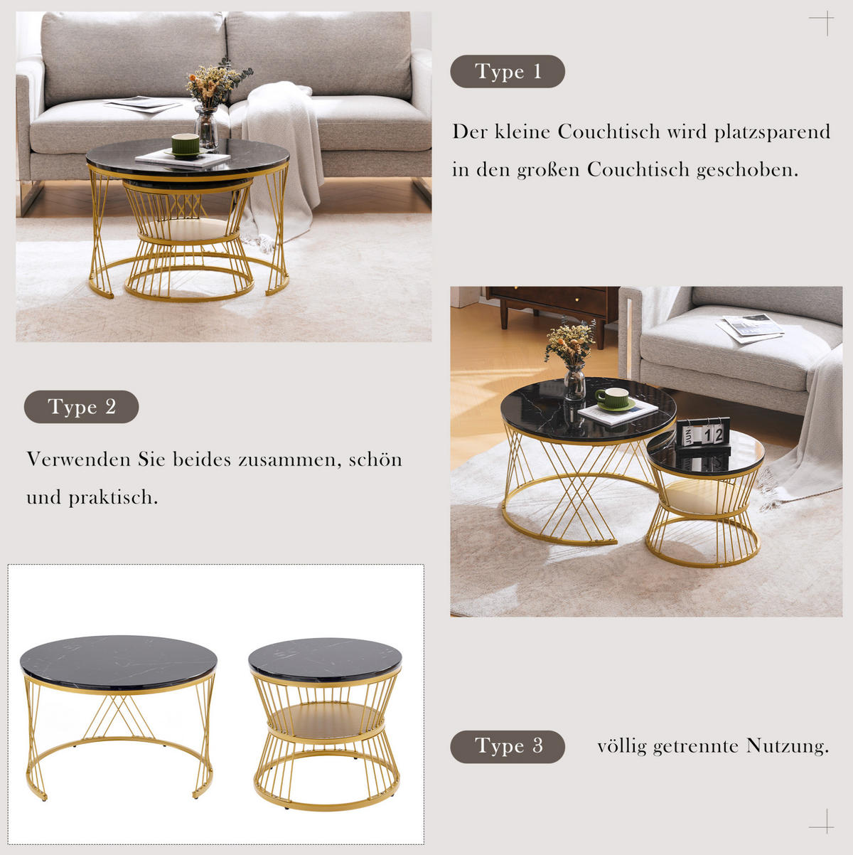 COUCHTISCH-SET 70/70/47 und 45/45/40 cm, rund ineinanderschiebbar mit Hochglanz-Oberfläche und Metallgestell, Schwarz/Gold - Schwarz, Holzwerkstoff (70/70/45cm) - Redom