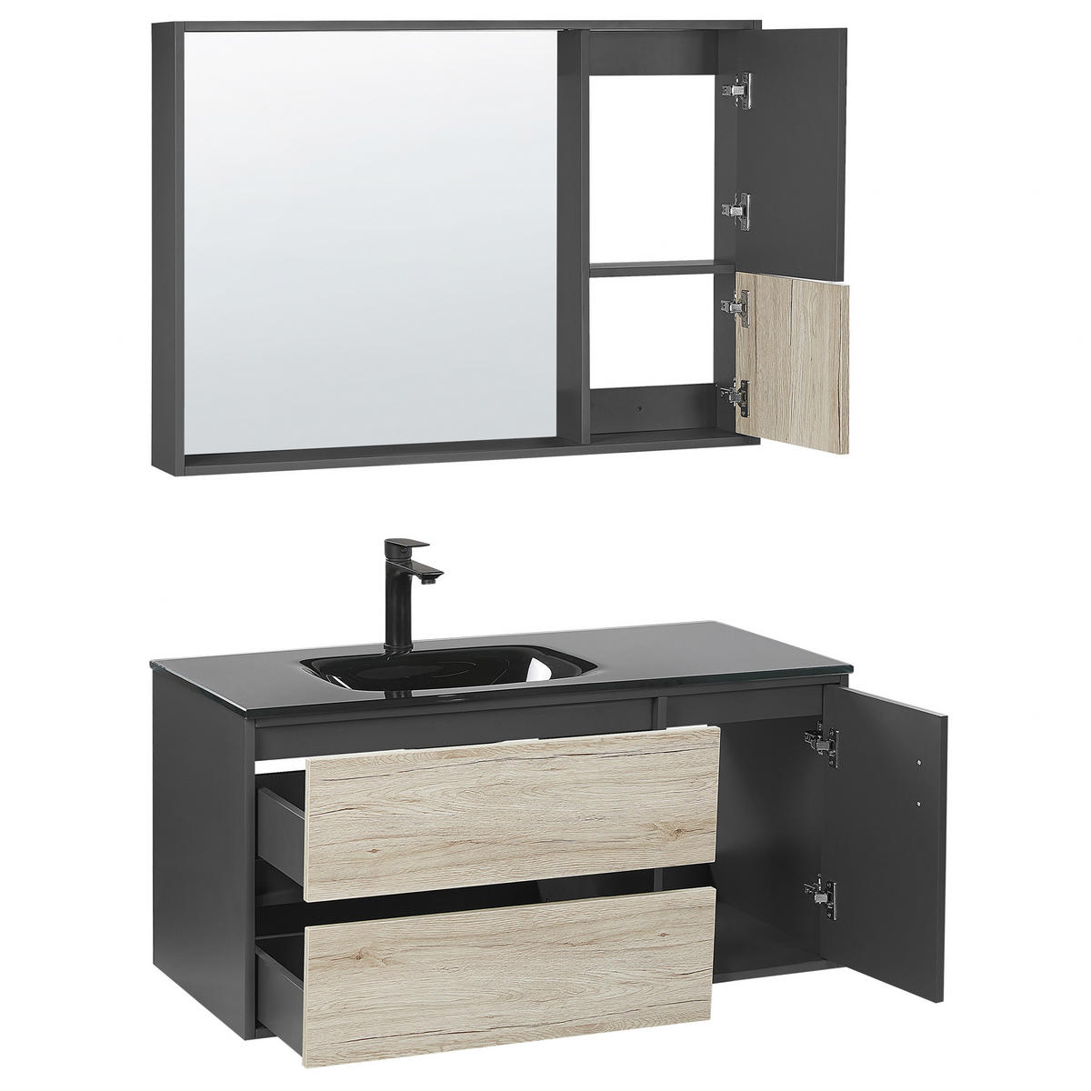 BADMÖBEL Set schwarz/heller Holzfarbton 100 cm Teruel - Hellbraun/Schwarz, Holzwerkstoff (100/70/48cm) - Beliani