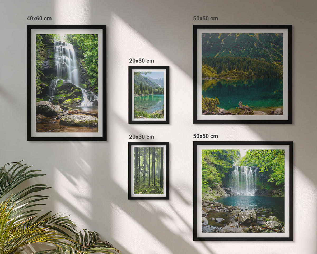 BILDER SET 5er Set - 50x50 cm & 20x30 cm & 40x60 cm Schwarzer Rahmen - Grüne Landschaften, Wasserfälle - Schwarz, Kunststoff (40/60cm) - TULUP