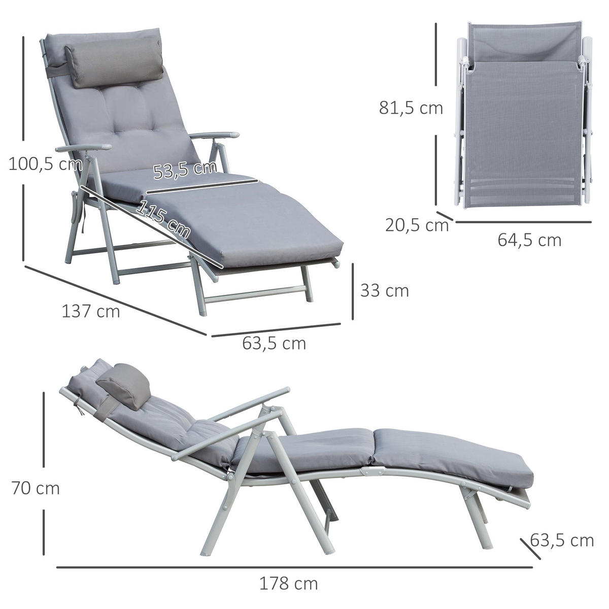 SONNENLIEGE, verstellbar, 137 x 63,5 x 100,5 cm, Metall, Stoff, Grau - Grau, Kunststoff (63/5/137cm) - Outsunny