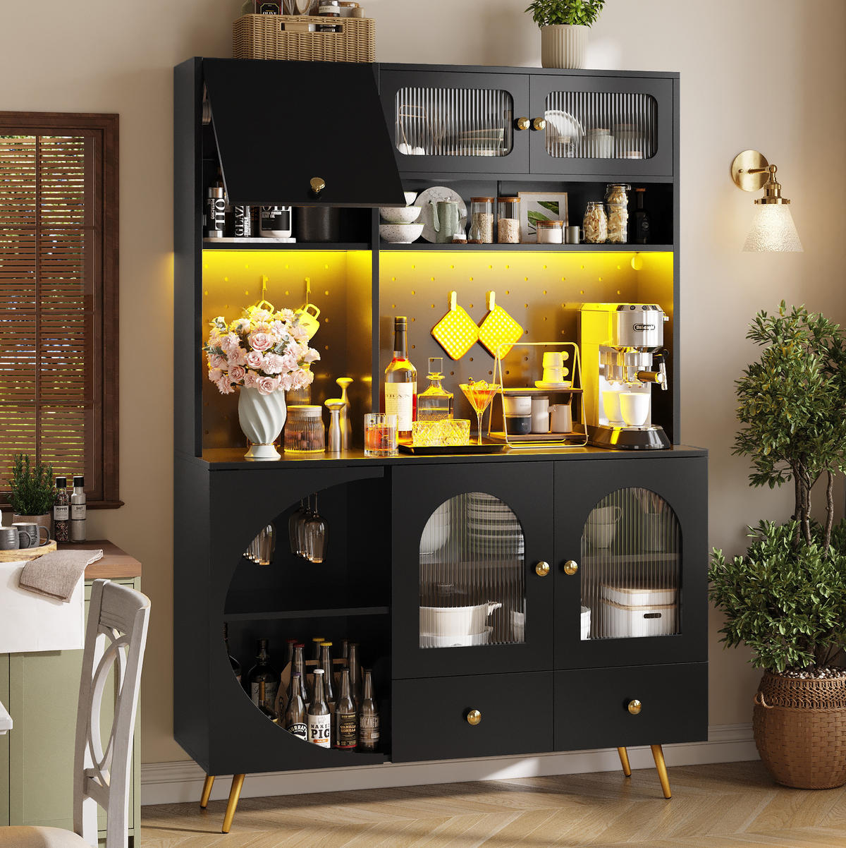 HOCHSCHRANK mit LED und Steckdosen 120 x 40 x 176 cm MDF Glas Schwarz - Schwarz, Glas (40/176/120cm) - Meubliv