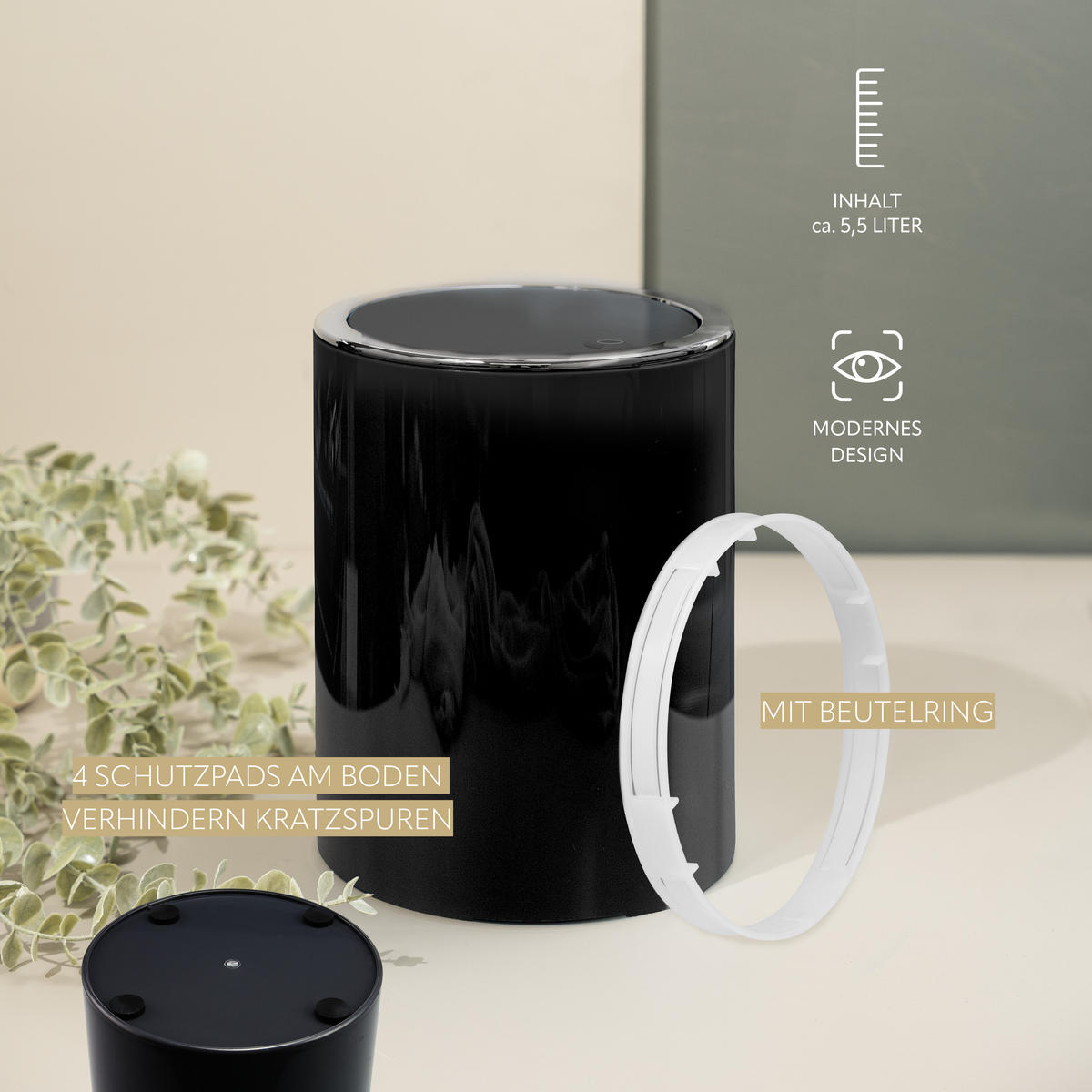 KOSMETIKEIMER SAVONA 5,5 Liter, schwarz - Schwarz, Kunststoff (19/24.5/19cm) - bremermann