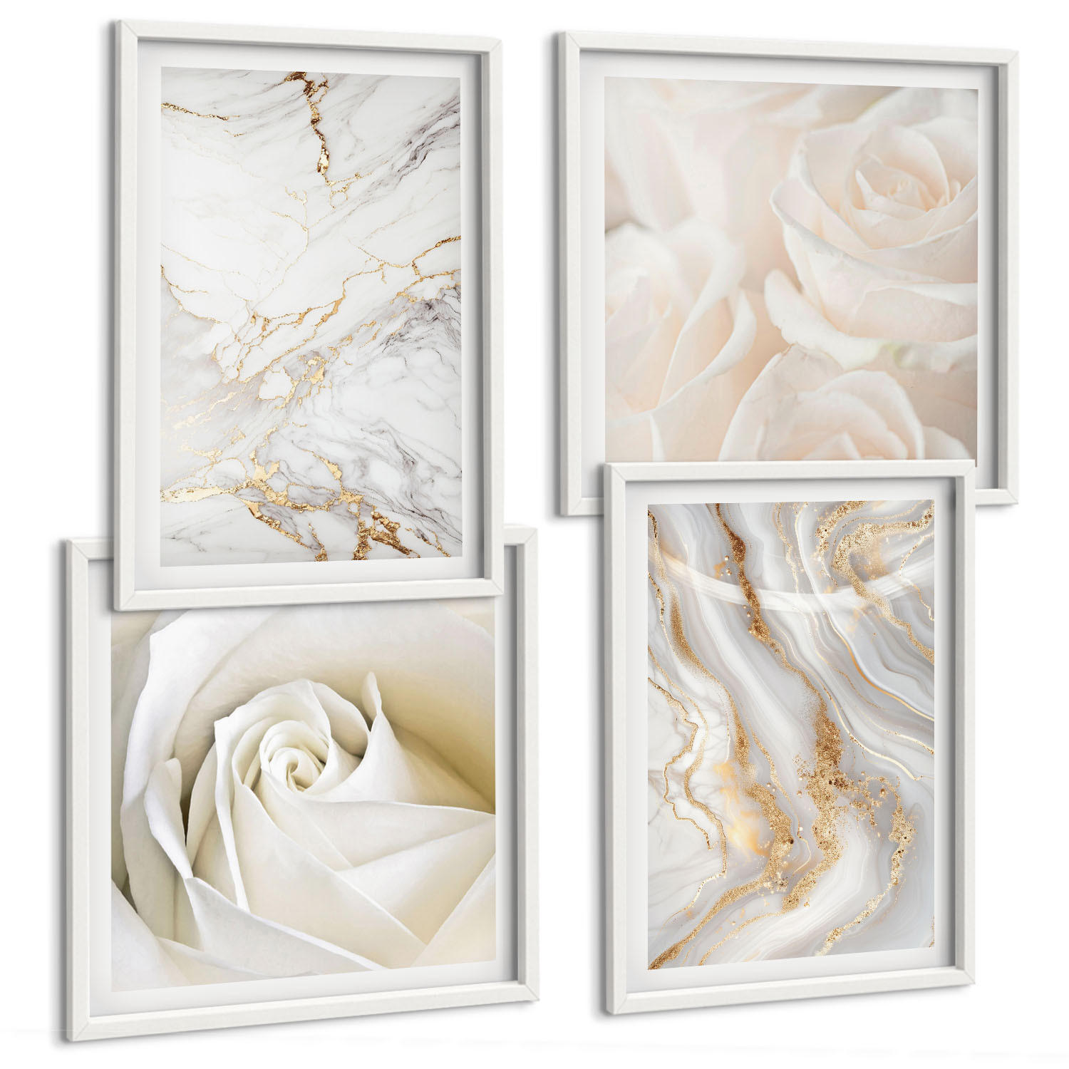 BILDER SET 4er Set - 50x50 cm & 40x60 cm Weißer Rahmen - Elegante Marmormuster - Weiß, Kunststoff (50/50cm) - TULUP