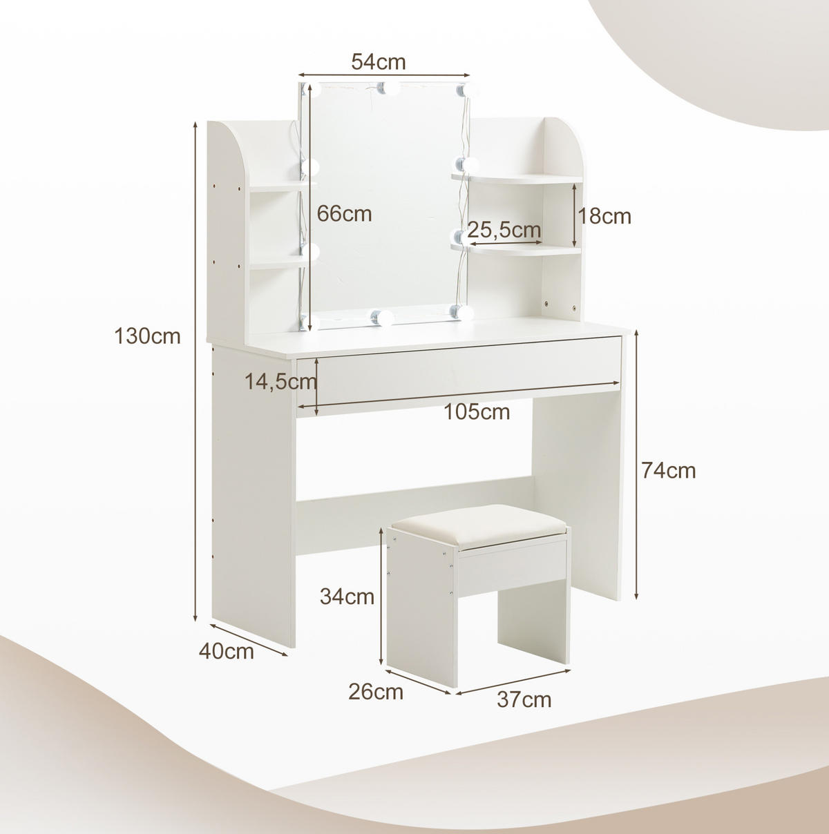 SCHMINKTISCH aus MDF 105x40x130 cm Weiß mit LED-Beleuchtung, 3-teiligem Spiegel und viel Stauraum - Weiß, Holzwerkstoff (105/130/40cm) - Modfu