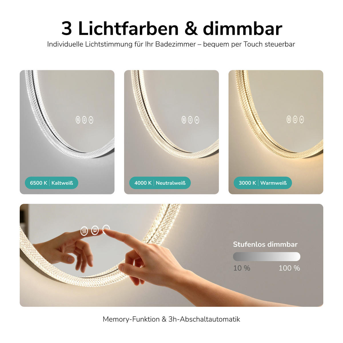 KOUPELNOVÉ ZRCADLO s LED osvětlením Ø 60 cm, černý rám, 3 barvy světla, funkce proti zamlžování - černá, sklo (60/60/4.3cm) - EMKE