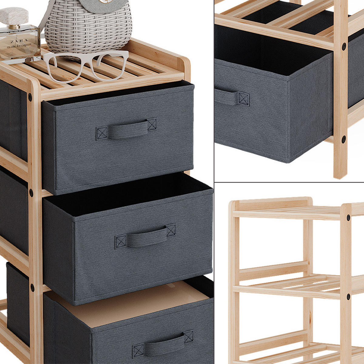 KOMMODE Bruno Grau 34.5 x 67 cm mit 3 Stoffschubladen - Naturfarben/Grau, Holzwerkstoff (34.5/67/36.5cm) - Vicco