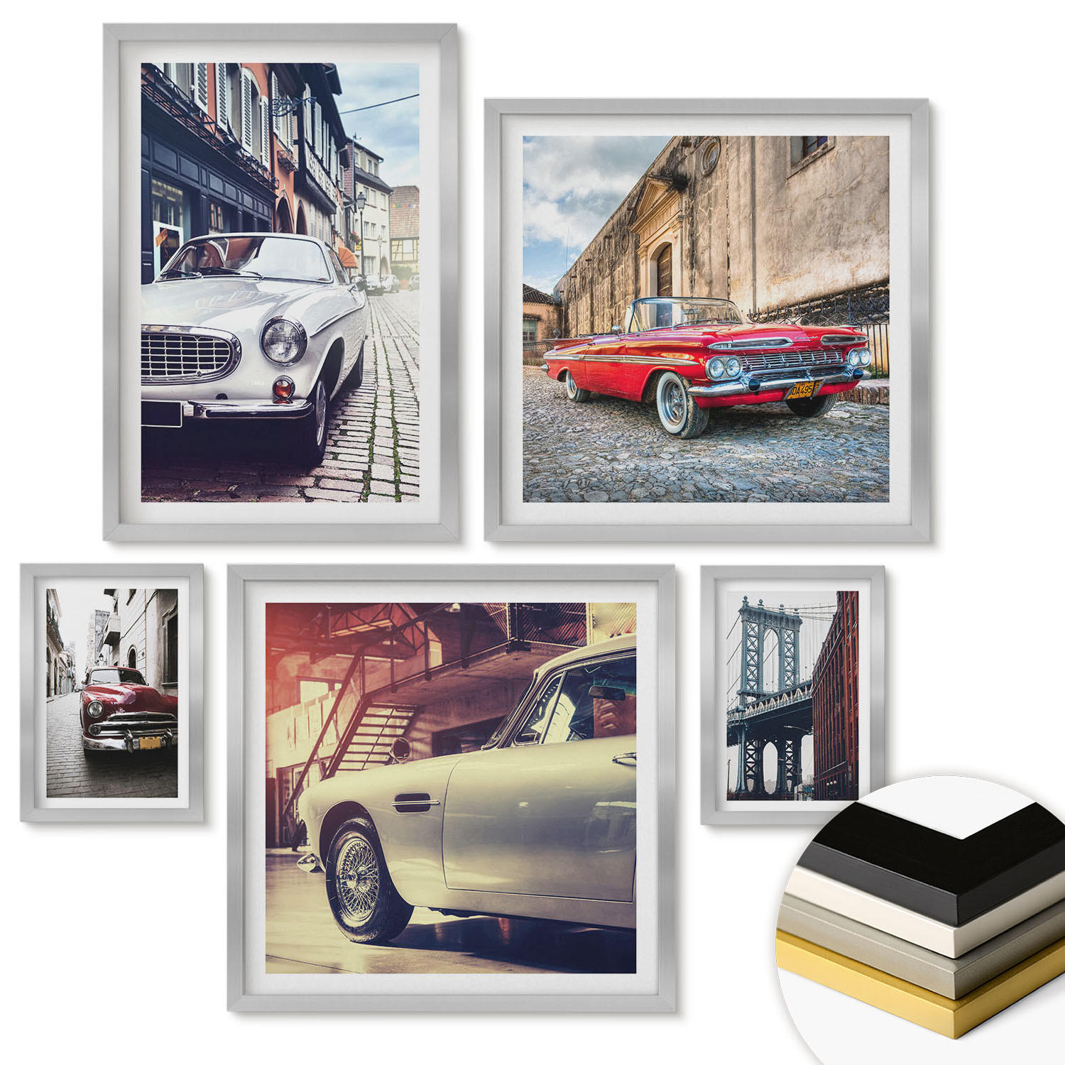 WANDBILDER 5er Set - 50x50 cm & 20x30 cm & 40x60 cm Silberner Rahmen - Oldtimer in Städten - Silberfarben, Kunststoff (40/60cm) - ArtPrintCave