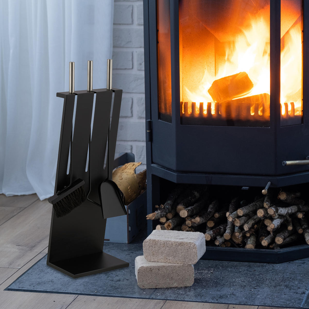 4-TLG.KAMINBESTECK-SET - Schwarz, Metall (23/72/17cm) - Relaxdays