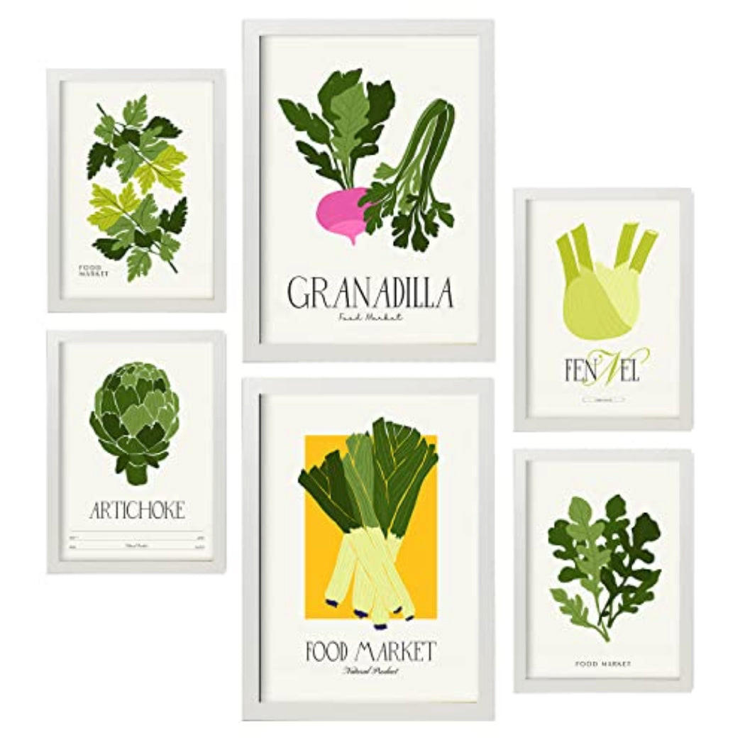 POSTER Set Mit 6 Lebensmittel Und Ernährungs Grünes Gemüse Natur Und Botanikdrucke Für Innenarchitektur A3 & A4 Weißer Rahmen - Weiß, Papier (29/3cm) - Nacnic