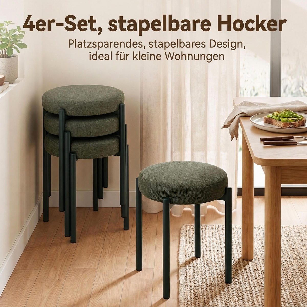 HOCKER 4er Set Polyester Dunkelgrün - Dunkelgrün, Textil/Metall (45/47.5/45cm) - HOMCOM