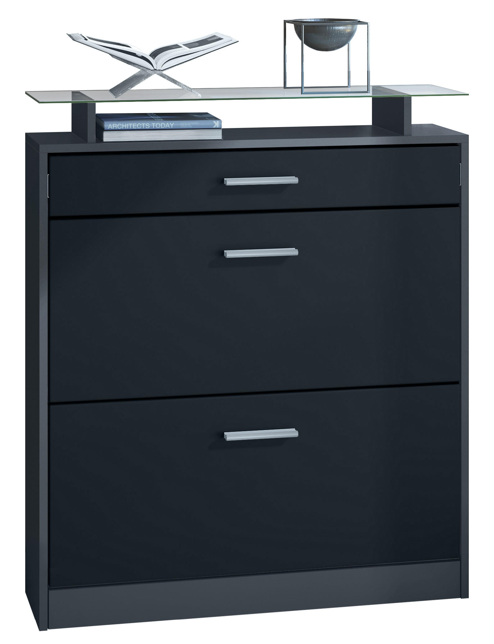 SCHUHSCHRANK Loret Fronten in Schwarz matt - Schwarz, Holzwerkstoff (89/104/23cm) - Vladon
