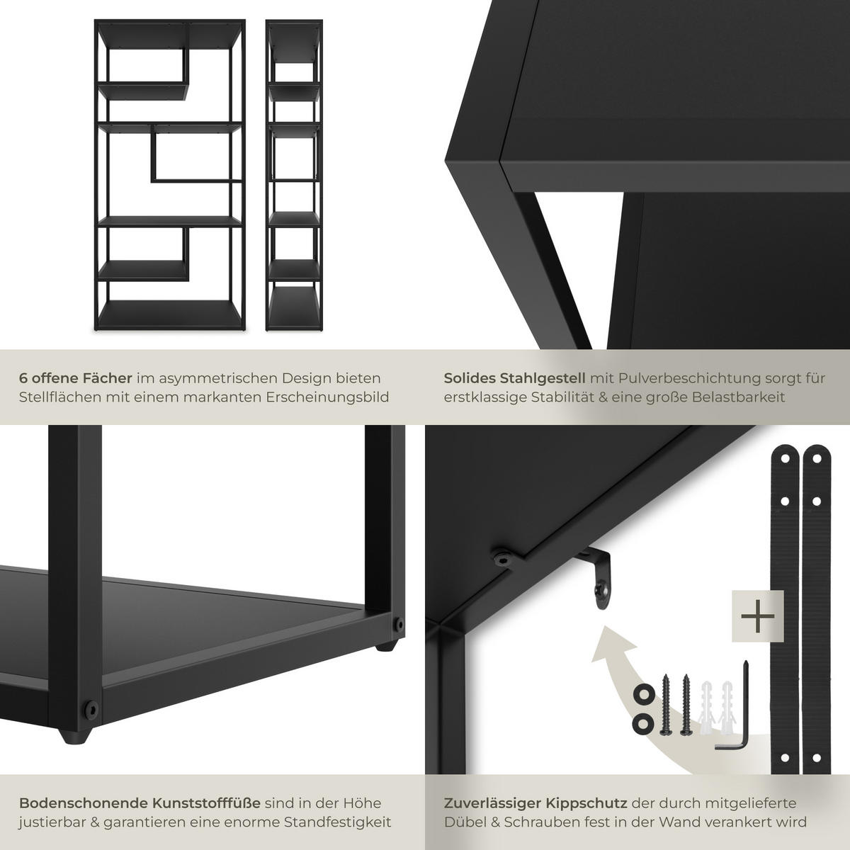 STANDREGAL Venda,inklusive Kippschutz, 85 x 35 x 188 cm ,schwarz - Schwarz, Holzwerkstoff (85/188/35cm) - tectake