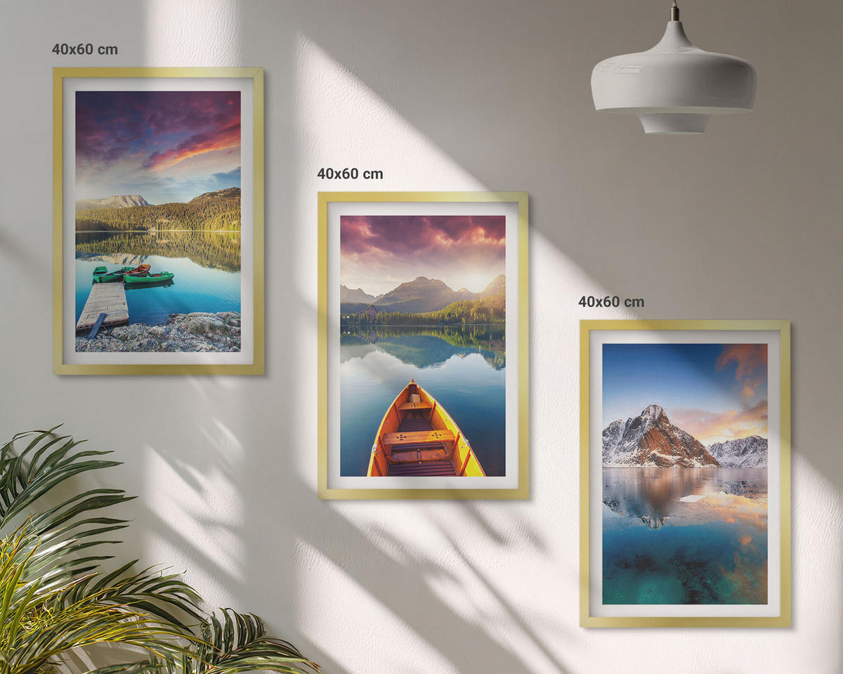 BILDER SET 3er Set - 40x60 cm Goldrahmen - Seen, Berge, Boote, Frieden - Goldfarben, Kunststoff (40/60cm) - TULUP