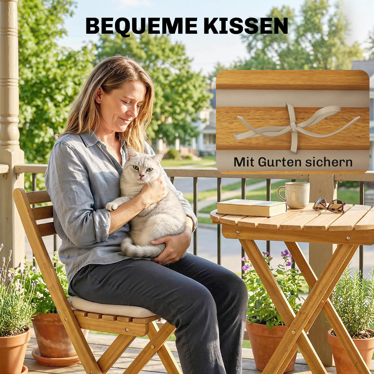 BALKONMÖBEL-SET 3er Set Akazienholz Polyester Naturholz - Beige/Naturfarben, Holz/Textil - Outsunny