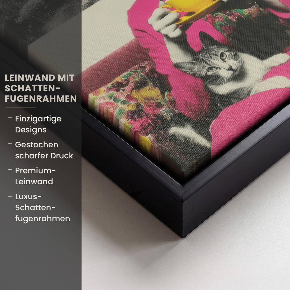 LEINWAND Bilder mit Rahmen - Frau - Katze - Blumen - Tasse - Retro - 20x20 - Magenta, Textil (20/20cm) - MuchoWow