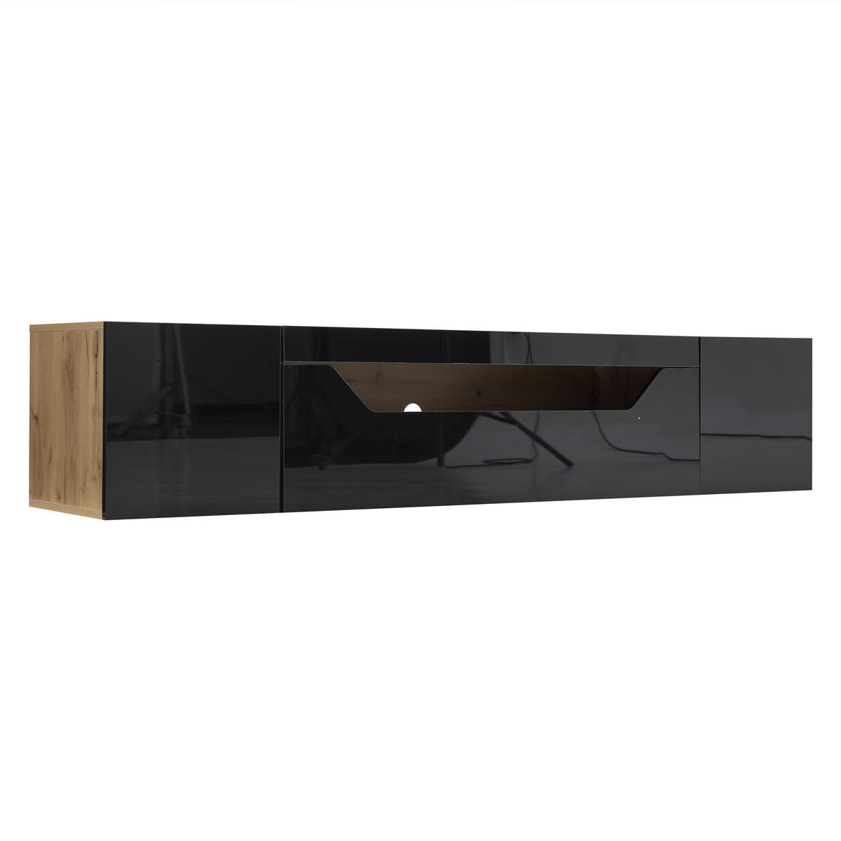 TV-LOWBOARD aus Spanplatte 180x37x36 cm Schwarz/Natur mit LED-Beleuchtung, wandmontiert und Hochglanzfront - Schwarz, Holzwerkstoff (180/36/37cm) - Modfu