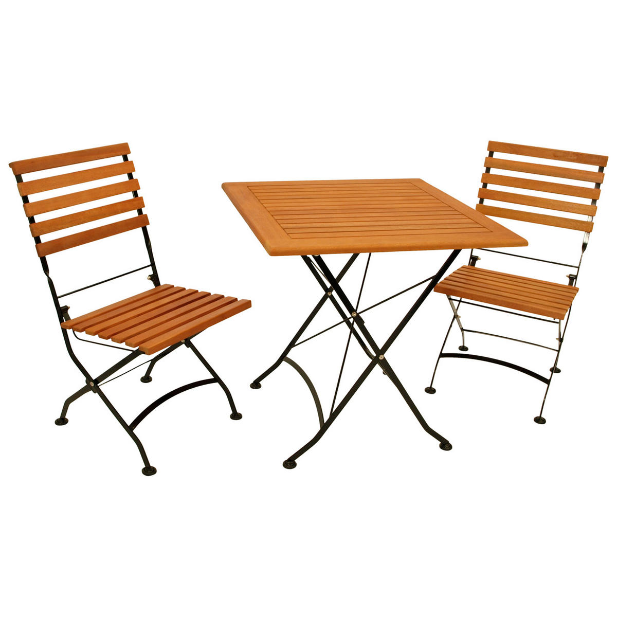 GARTENESSGRUPPE Bad Belzig - 3-teilig (2x Stuhl, 1x Tisch 75x75cm), Gestell Flachstahl schwarz, Latten Eukalyptusholz, FSC®-zertifiziert. - Schwarz, Metall - TPFGarden