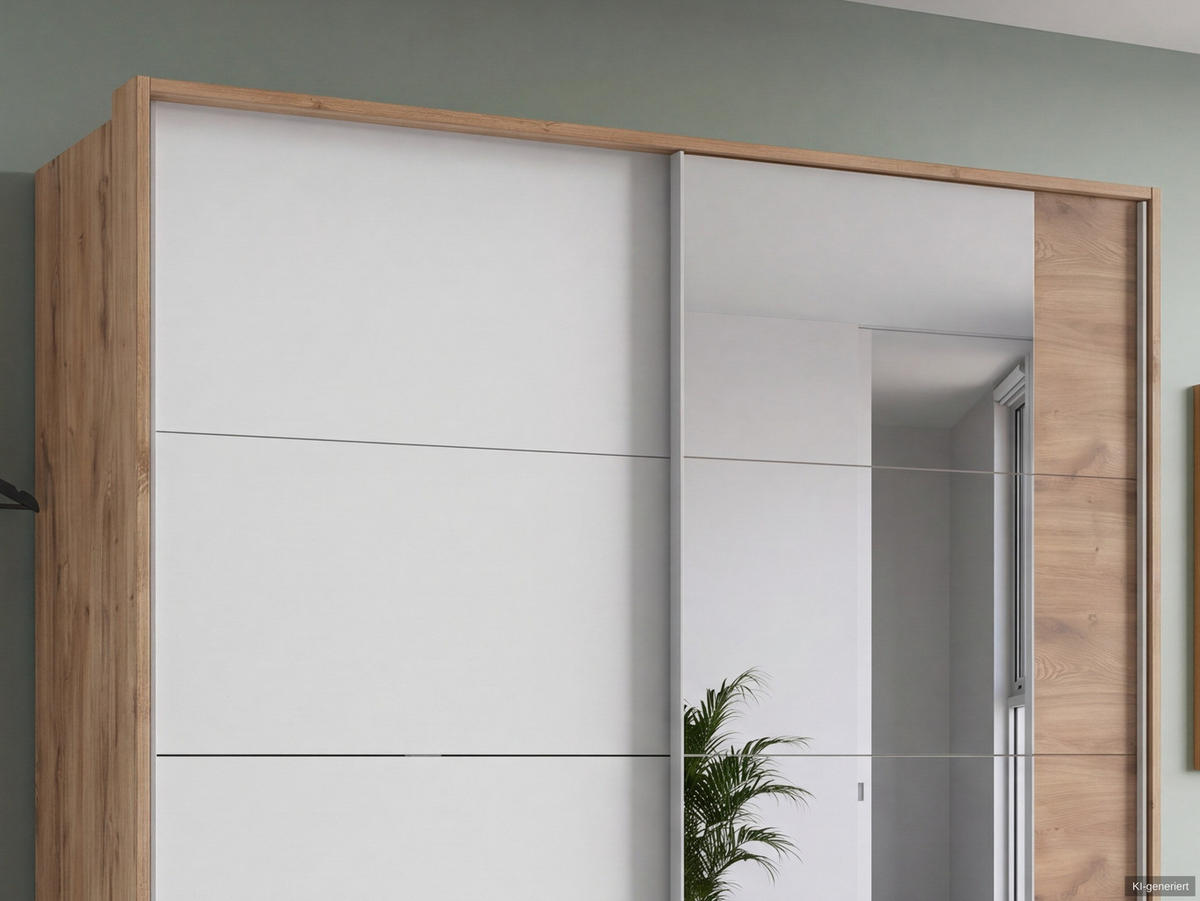 SCHWEBETÜRENSCHRANK 2-türig B183/H200/T65 cm, Passepartout-Kleiderschrank mit Spiegel & sichtbaren Schubkästen in Eiche Dekor, 1x Tür in Weiß / 22712 - Eichefarben/Alufarben, Holz/Holzwerkstoff (183/200/65cm) - luma-home