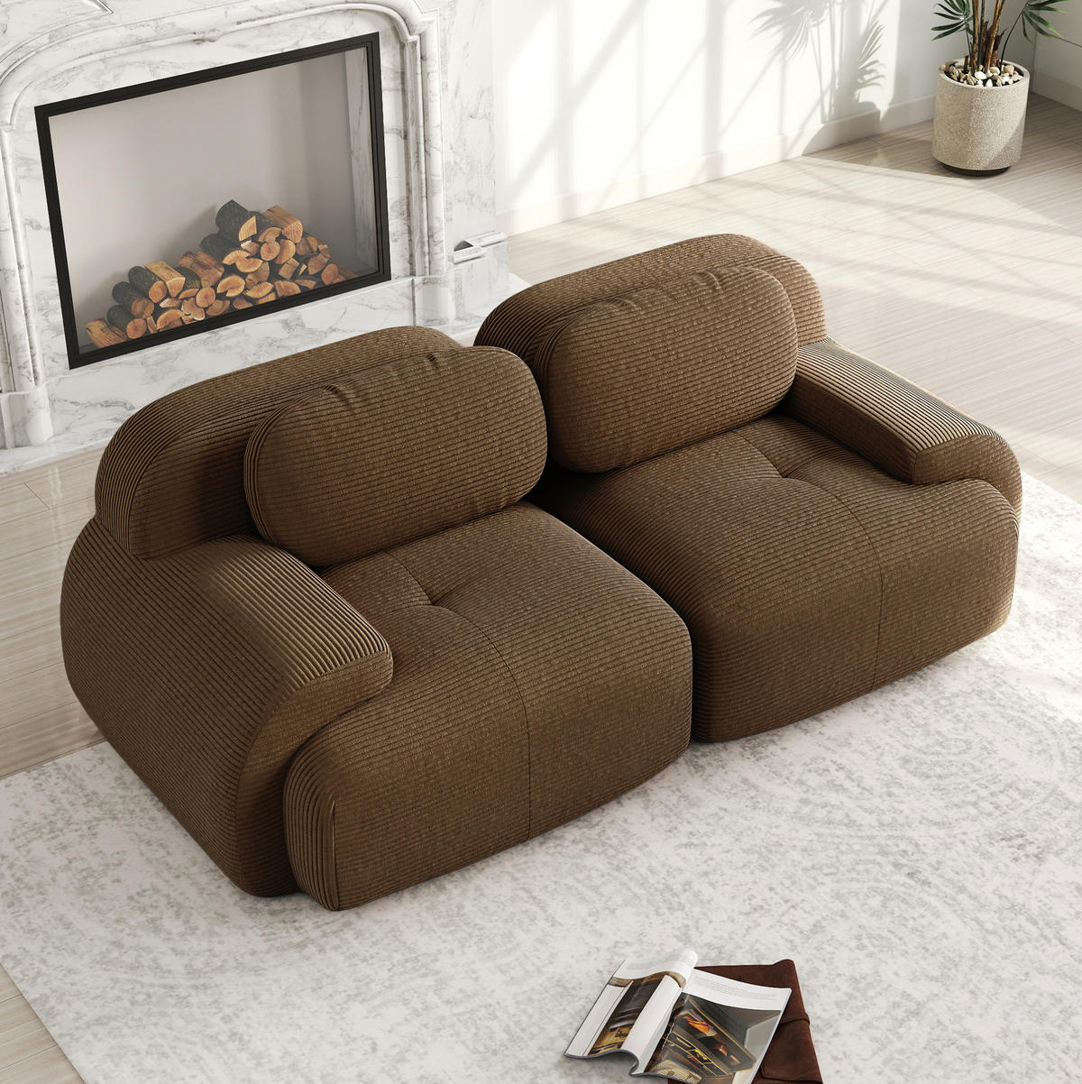 MODULÁRNÍ rohová pohovka z manšestrové látky hnědá bez rámu s měkkým polstrováním - hnědá, textil (103/75/208cm) - OKWISH