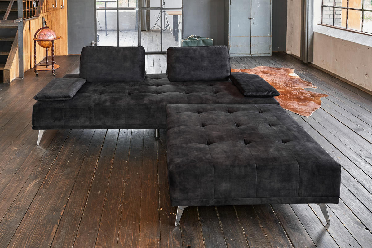 SOFA MIT HOCKER WIOLO Anthrazit Velvet - Anthrazit/Silberfarben, Textil (220/80/240cm) - KAWOLA