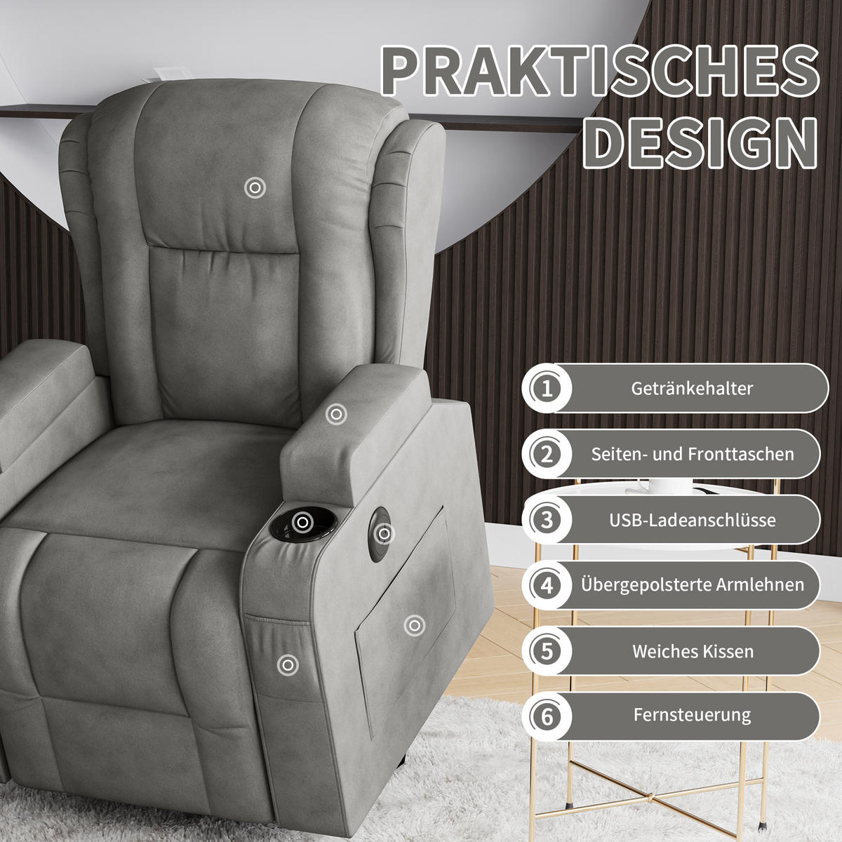 ELEKTRICKÉ masážne kreslo s funkciou vyhrievania, USB, sivé - sivá, drevo (93/105/102cm)