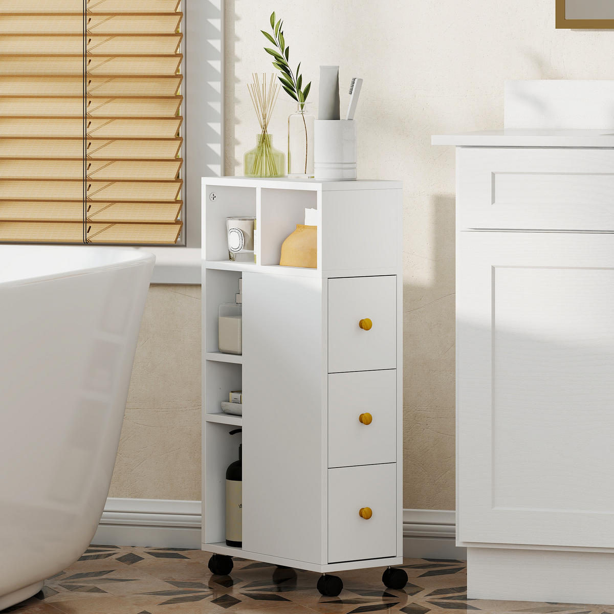 BADEZIMMERSCHRANK Schmal mit 4 Rollen, 3 Schubladen, 5 offenen Fächern, Weiß - Weiß, Holzwerkstoff (20/80/40cm) - HOMCOM