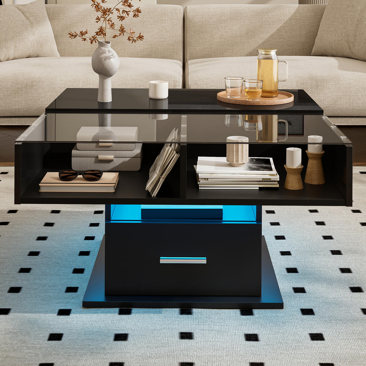 COUCHTISCH Höhenverstellbar mit LED-Beleuchtung und flexiblem Stauraum - Schwarz, Holzwerkstoff (78/78/45cm) - Korfee