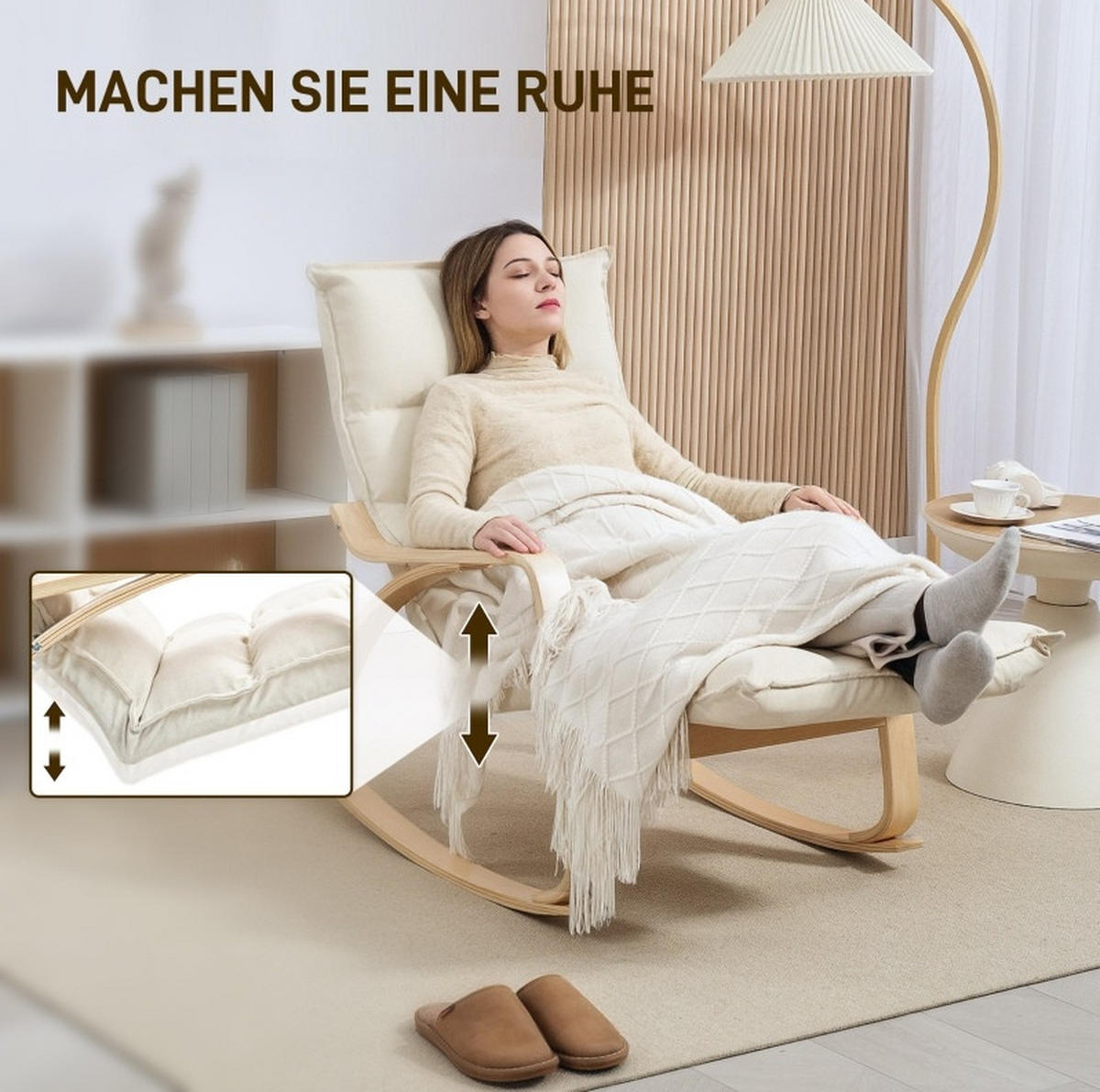 RELAX-SCHAUKELSTUHL 67/106-123/92 cm mit Fußstütze und Polsterung in Cremeweiß - Creme, Textil (67/92/106cm) - BEAOK