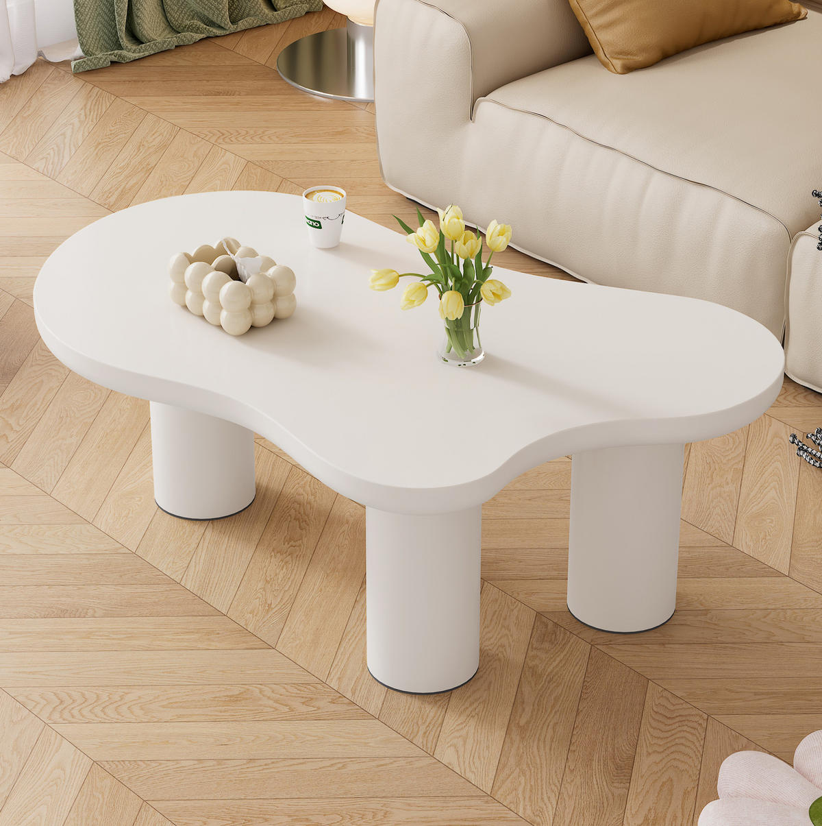 COUCHTISCH aus MDF und PVC 107x66x40,5 cm in Weiß mit Filzunterlagen - Weiß, Holzwerkstoff (107/66/40.5cm) - Modfu