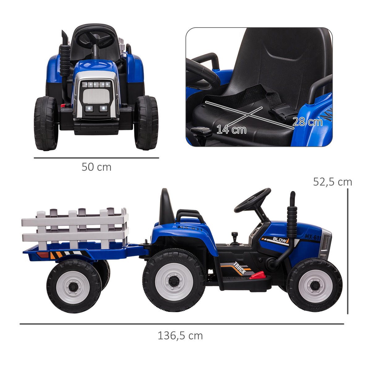 KINDER ELEKTROAUTO, Blau/Grün/Rot, Kunststoff+ Metall - Blau, Metall (136.5/50/52.5cm) - HOMCOM