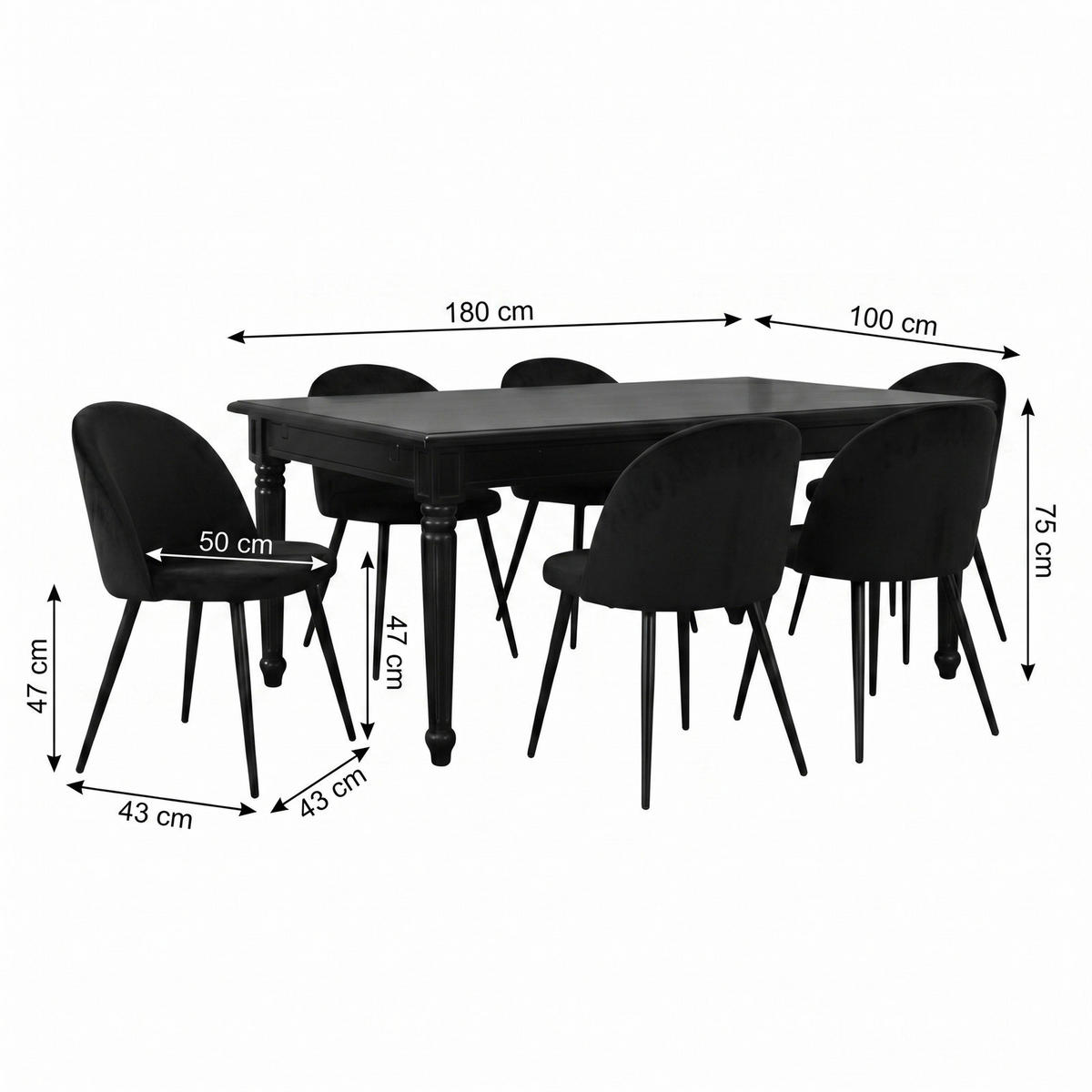 ESSGRUPPE Amaretta mit Esstisch Schwarz und 6 Stühlen Schwarz, 180 x 100 cm - Schwarz, Holz/Textil (180/75/100cm) - ebuy24