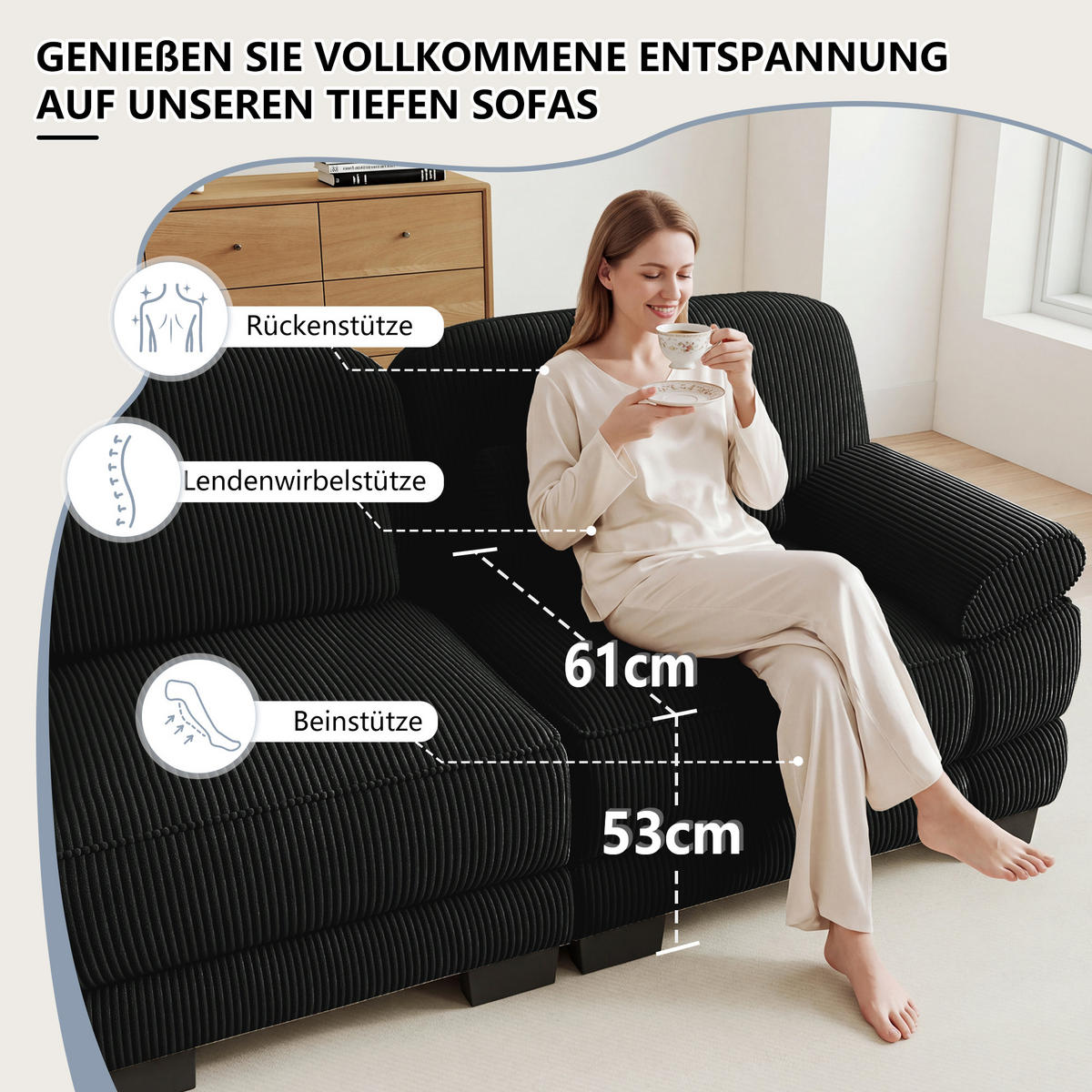 2-SITZER-SOFA modular mit Lendenkissen, DE-42659, Schwarz - Schwarz, Holz (194/94/88.5cm) - ComfortXL