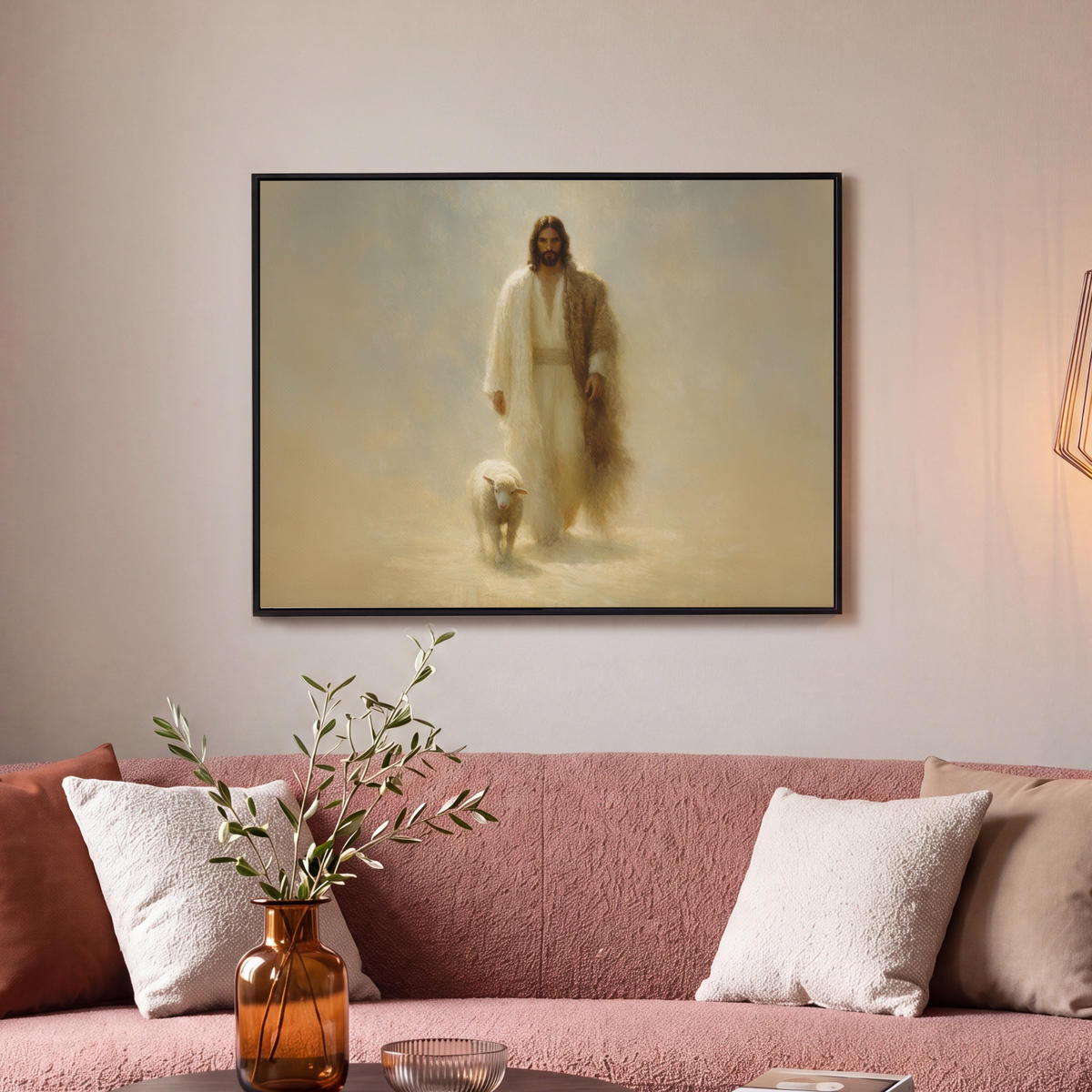 LEINWAND Bilder mit Rahmen - Schaf - Jesus - Pinselstriche - Abstrakt - 70x50 - Beige, Textil (70/50cm) - MuchoWow