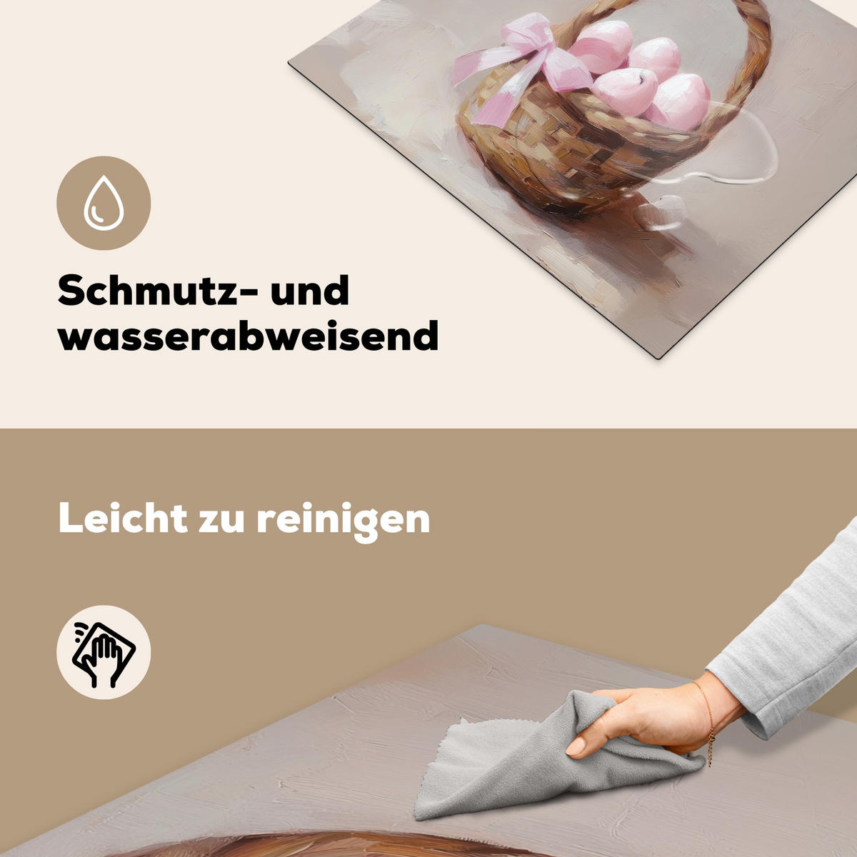 HERDABDECKPLATTE Korb - Eier - Rosa Herdabdeckung Induktionsfeld 65x52 cm - Beige, Kunststoff (65/52/0.2cm) - MuchoWow