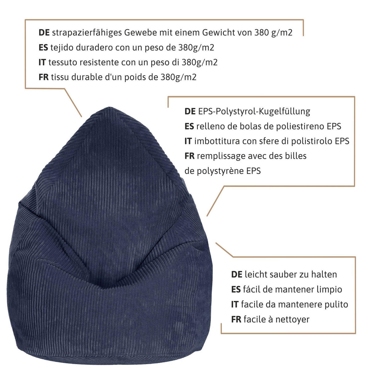 SITZSACK MIT FUßSTÜTZE Kordsamt 2-tlg Blueberry Pie M - Blau/Dunkelblau, Textil (80/120/80cm) - Dreamroots