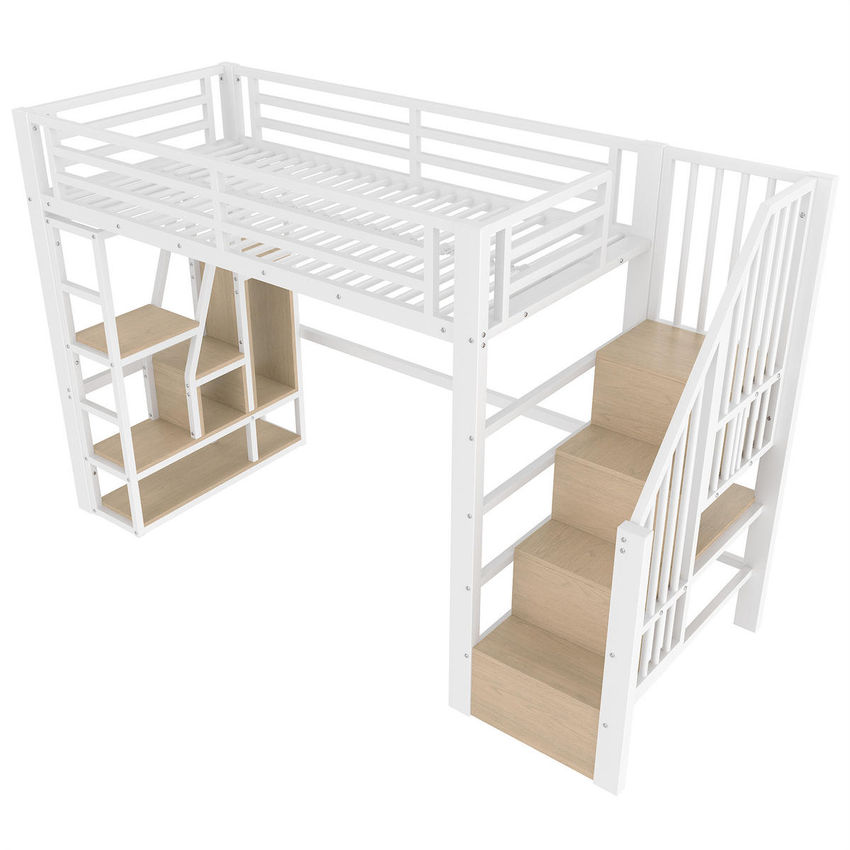 HOCHBETT 90/200 cm in Weiß mit Regal, Stauraumtreppe und LED - Weiß, Holzwerkstoff/Metall (90/200cm) - STILVORA