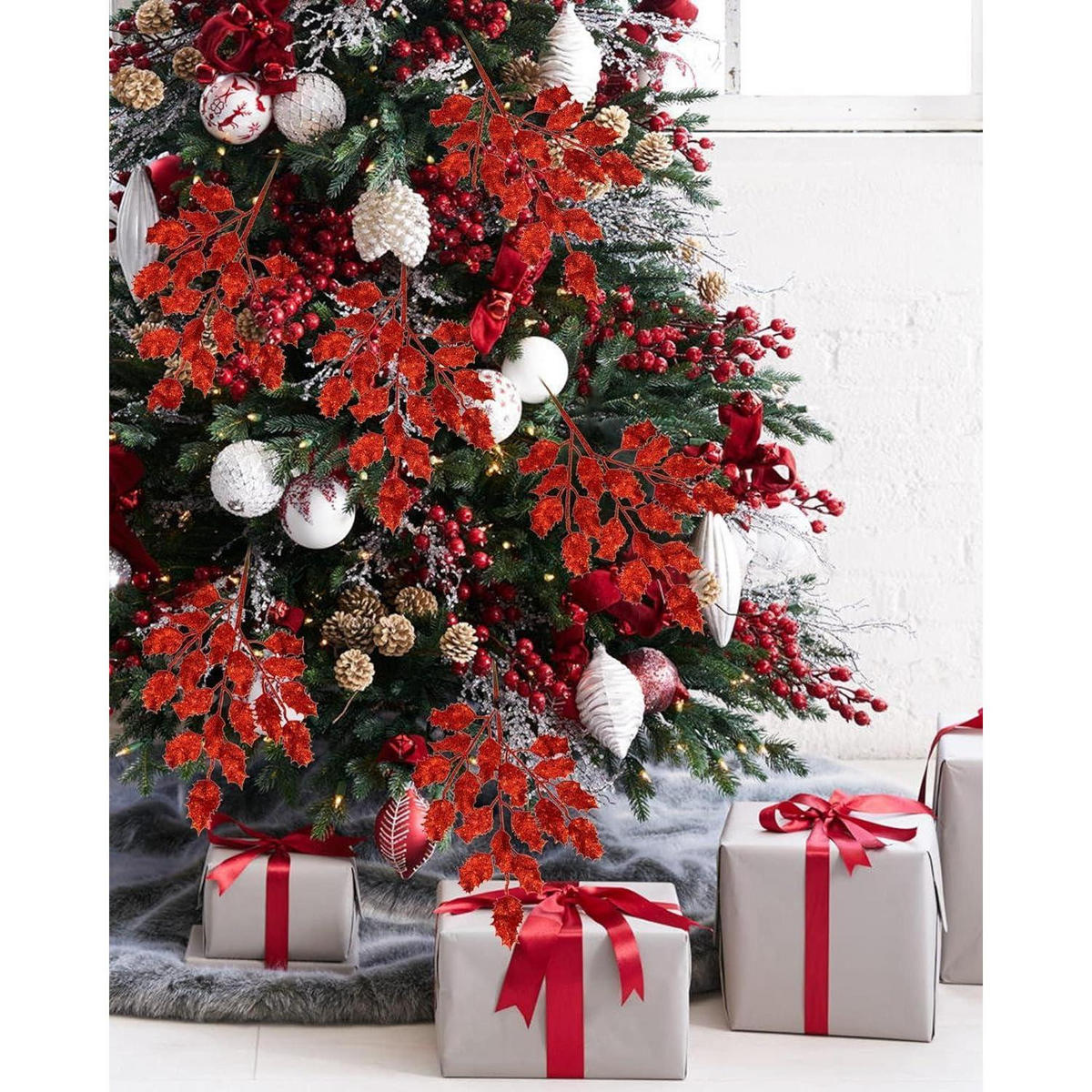 KUNSTZWEIG 6-teiliges Set Glitzernde Eichenblätter Rot 58 cm - Rot, Kunststoff (8cm)