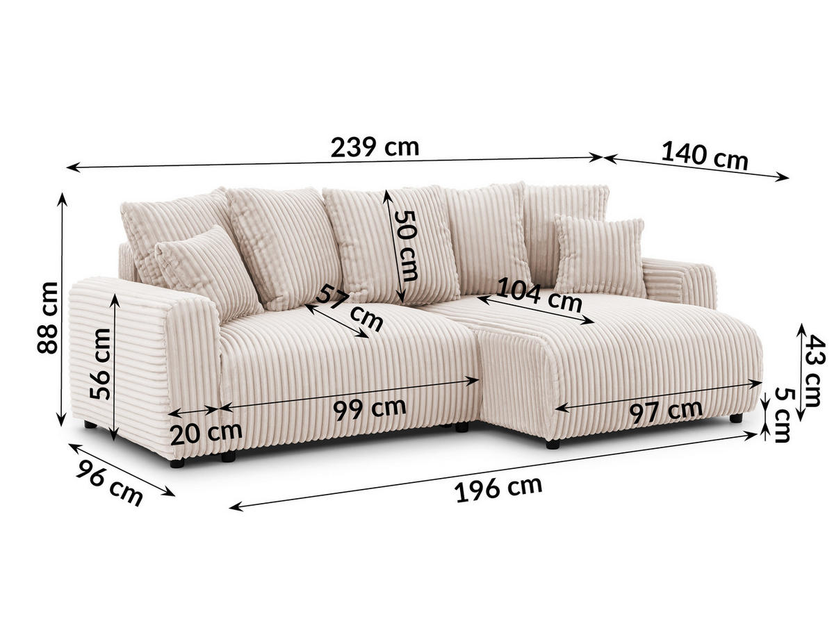 ECKSOFA Calma mit Schlaffunktion und Bettkasten im Bumpy-Design aus weichem Beige Plüschcord - Ottomane rechts - Beige/Schwarz, Holz/Kunststoff (140/239cm) - S-Style