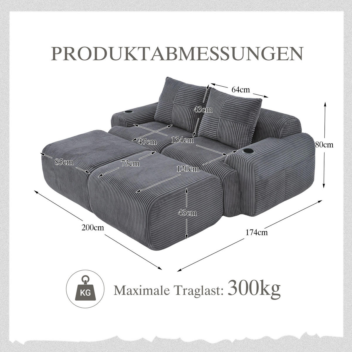 MODULARES 2-Sitzer Sofa Cordstoff mit Getränkehalter und Seitentasche 200/174/80 cm Dunkelgrau - Dunkelgrau, Textil (174/80/200cm) - Redom