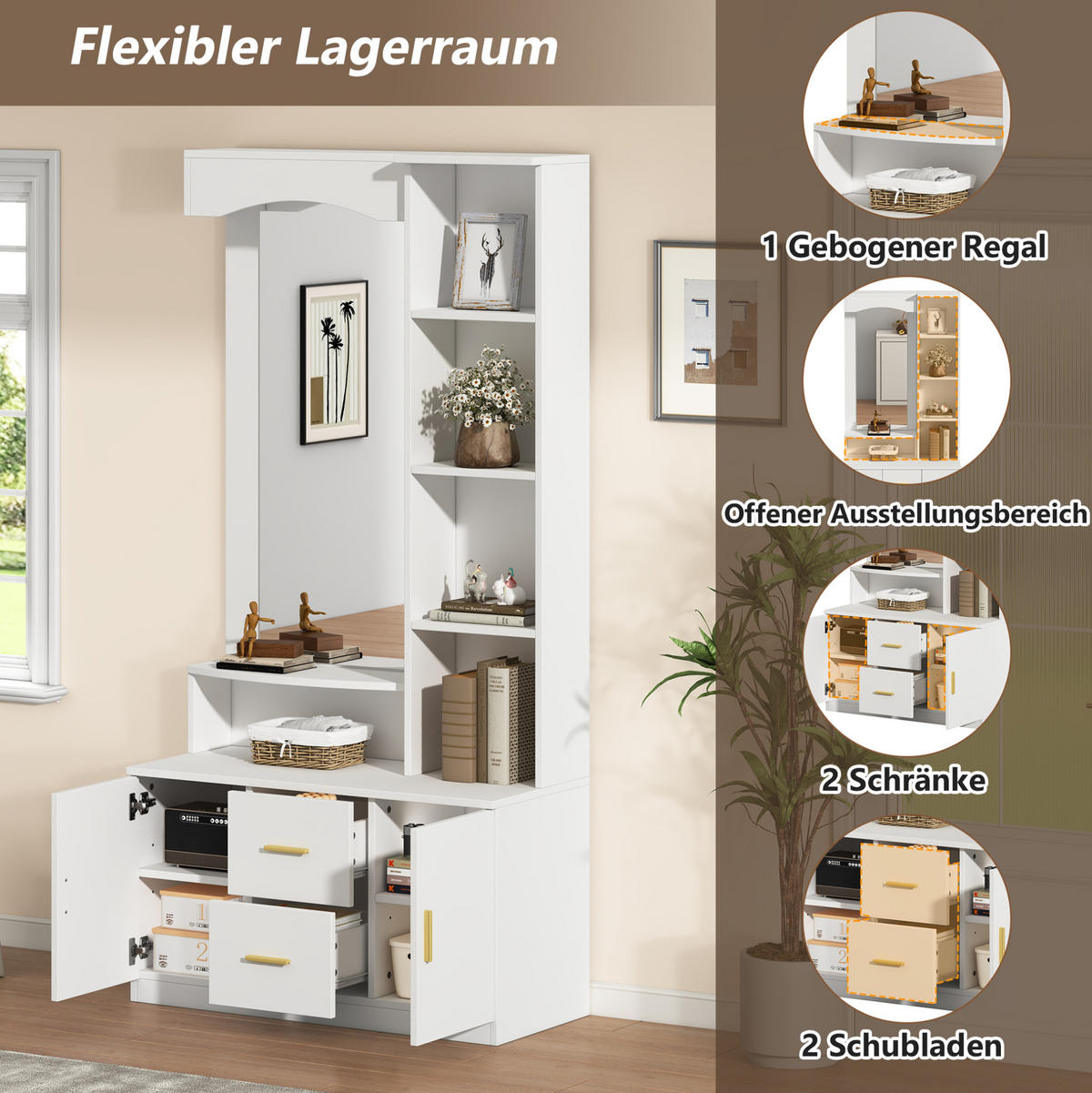 DIELENGARDEROBE mit Spiegel 90/40/180 cm in Weiß mit Schuhschrank und 2 Schubladen - Weiß, Holzwerkstoff (90/180/40cm) - BEAOK