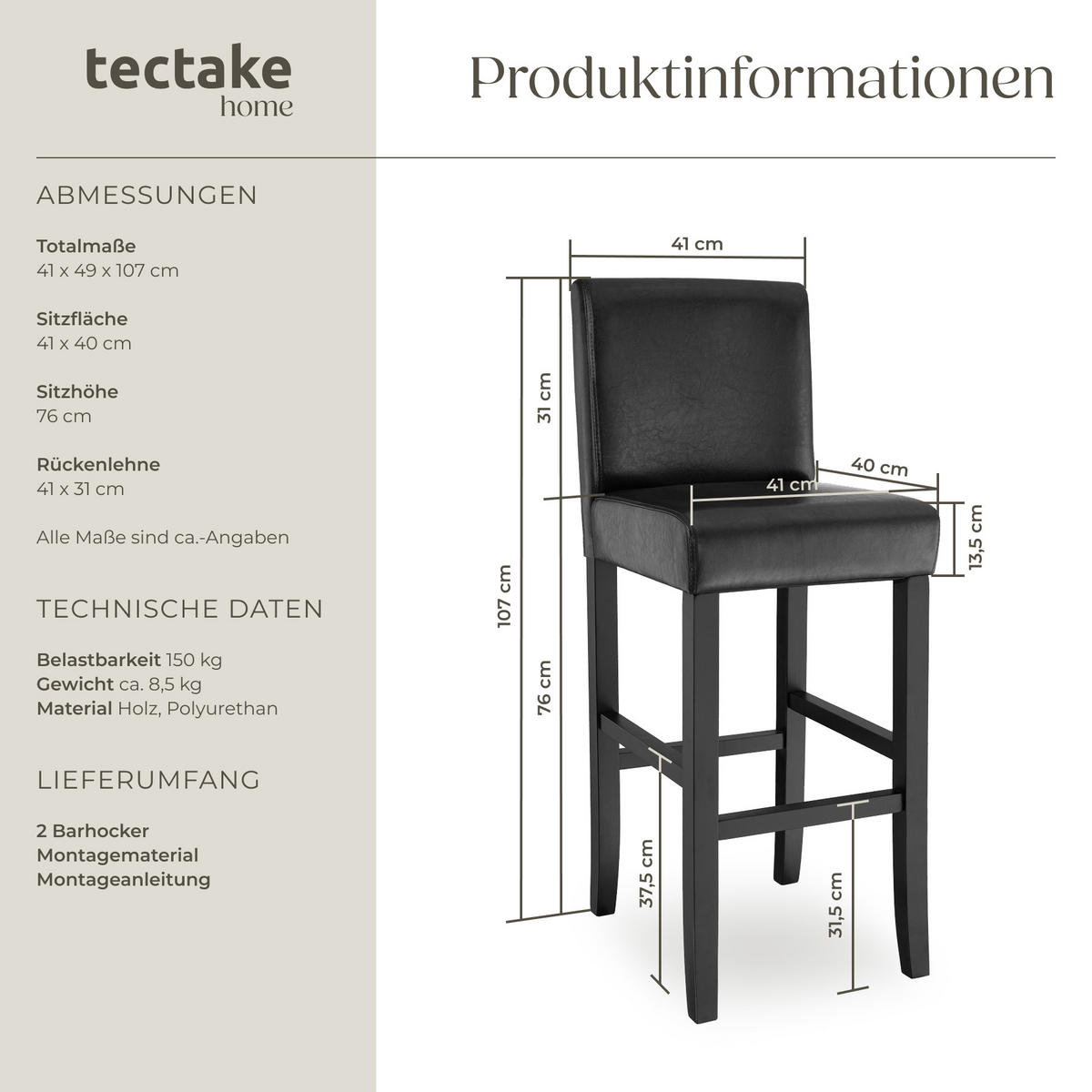 BARHOCKER 2er Set Kunstleder, Sitzhöhe 76 cm,antikbraun - Schwarz, Holz (40/107/41cm) - tectake