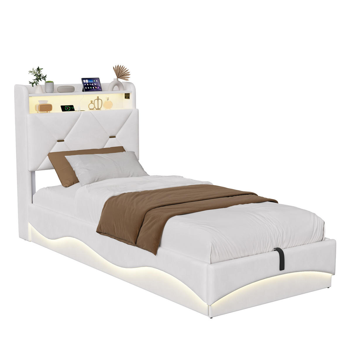 POLSTERBETT 90x200 cm mit Bettkasten, hydraulischer Stauraum, LED, USB & Type-C, Kopfteil mit Ablage und Lattenrost, Beige - Beige, Metall (90/200cm) - EuroLiving