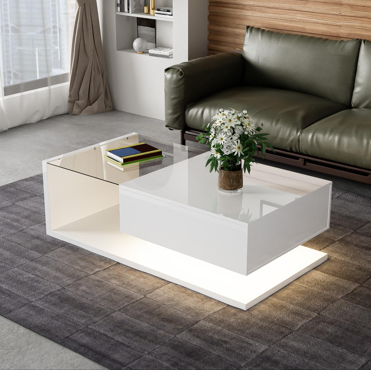 COUCHTISCH 105/55 cm mit Ablagefach, Glasplatte und LED-Beleuchtung - Weiß, Holzwerkstoff (105/55/32.5cm) - BEAOK